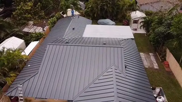 Aerial view of a metal roof by RTI Roofing