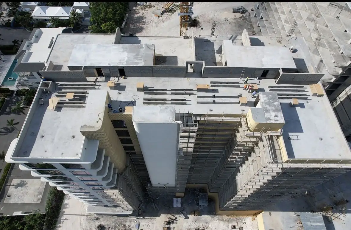 Aerial view of the building and its finished roofs, St. Regis, Turks and Caicos