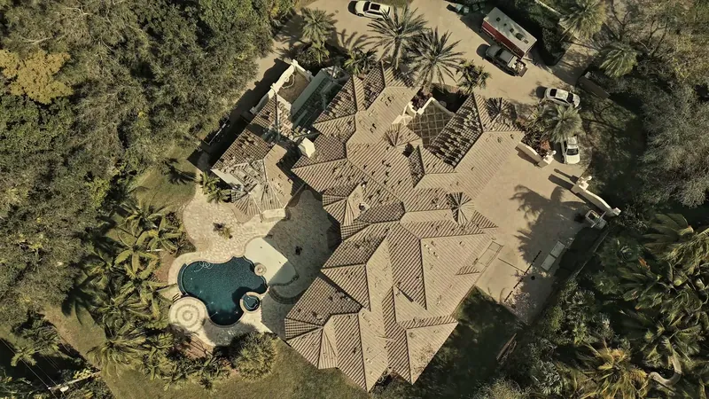 Closer aerial view of the hips and valleys on a finished Pinecrest tile roof